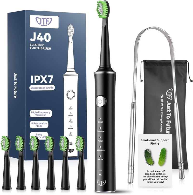 JTF Sonic Electric Toothbrush for Adults: 6 Brush Heads, Travel Bag, Tongue Scraper, 5 Brushing Modes for Teeth, Smart Timer and IPX7 Waterproof, Rechargeable Toothbrush for Deep Cleaning & Whitening - Image 1